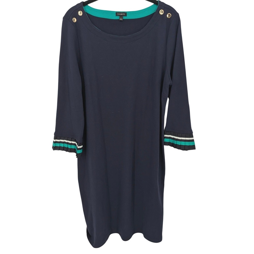 Talbots Shift Dress Womens Large Navy Blue Nautical Gold‎ Button Mature Office